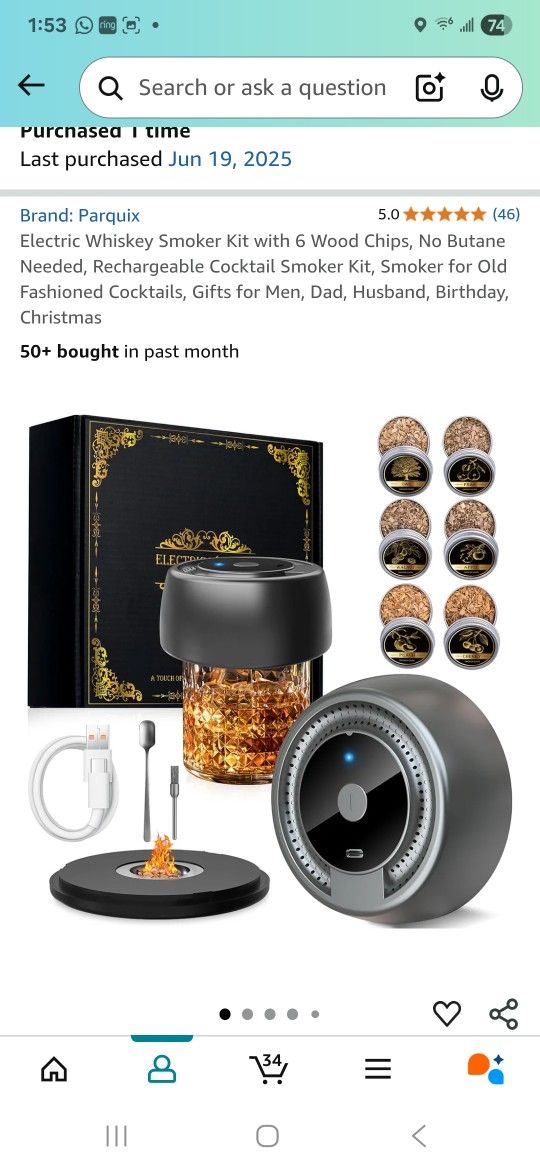 Electric Whiskey Smoker Kit with 6 Wood Chips, No Butane Needed, Rechargeable Cocktail Smoker Kit, Smoker for Old Fashioned Cocktails,