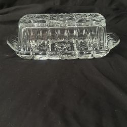 Vintage Crystal Diamond Cut Clear Glass Butter Dish