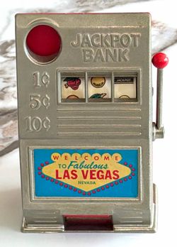 Vintage Mid 70's Metal Las Vegas Nevada Mini Slot Machine Toy Bank-Working