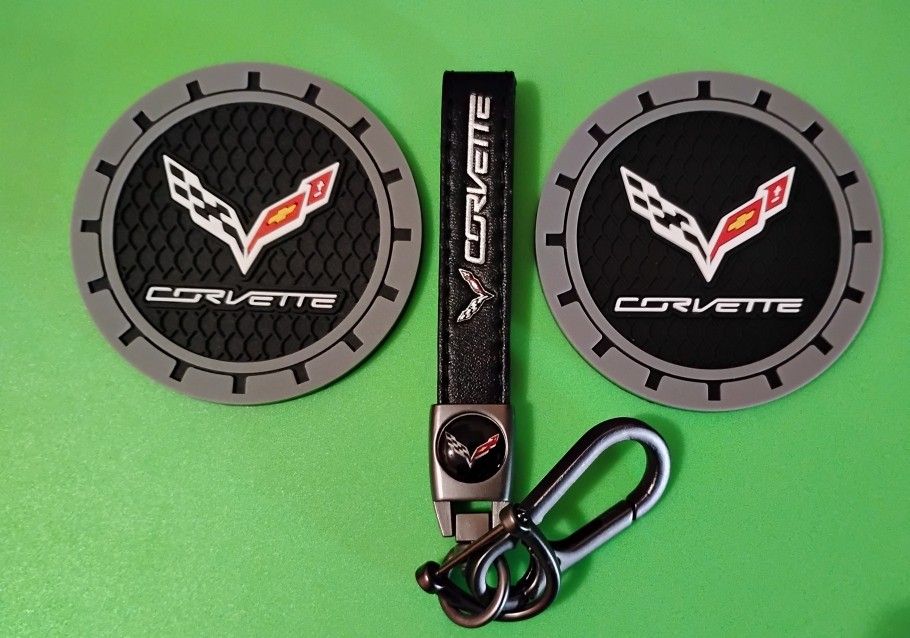 Corvette Keychain and Car Cup Coasters NEW
