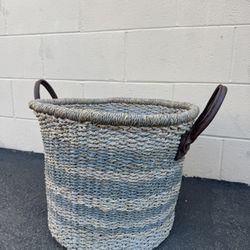 Large Threshold Blue Boho Preppy Striped Woven Basket
