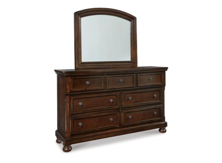 Ashley Porter King Sleigh Bed Dark Cherry Wood W/ Dresser and Mirror.