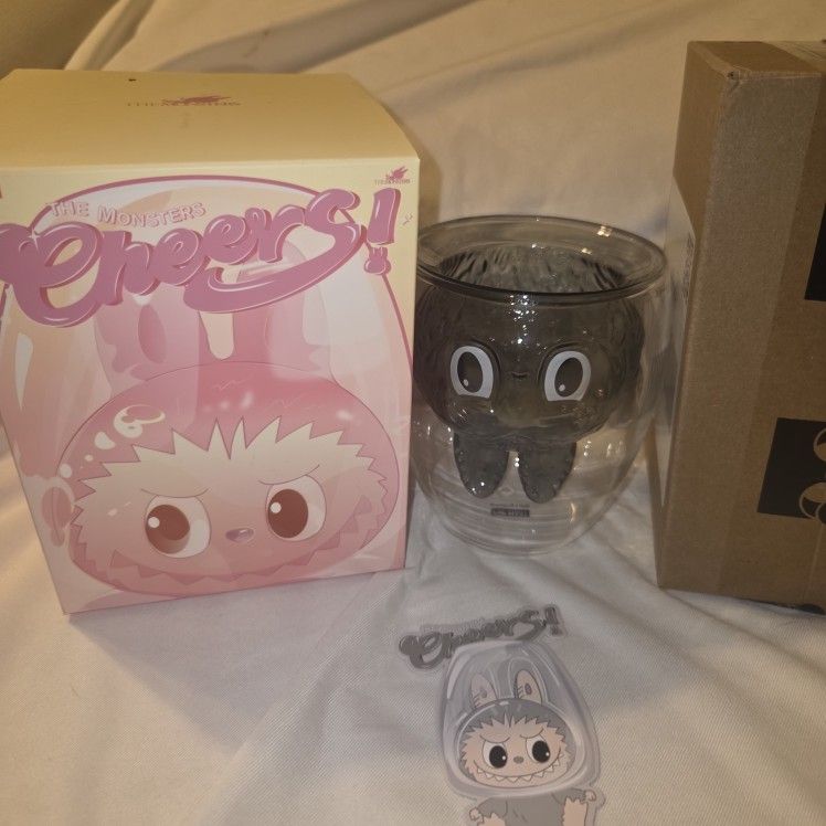 POP MART The Monsters CHEERS Labubu Sincerity Black Glass Cup Open Box Card Sincerity