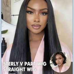 New  Natural Black, 14 Inch V Part Wigs Human Hair 200% Density Straight 