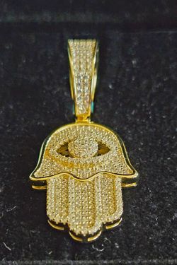 14K Gold over Silver Hamsa Evil Eye Hand Moissanite