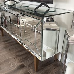 Modern Glam Mirrored Dresser / Sideboard – Silver Glass Accent Cabinet (Read Description)