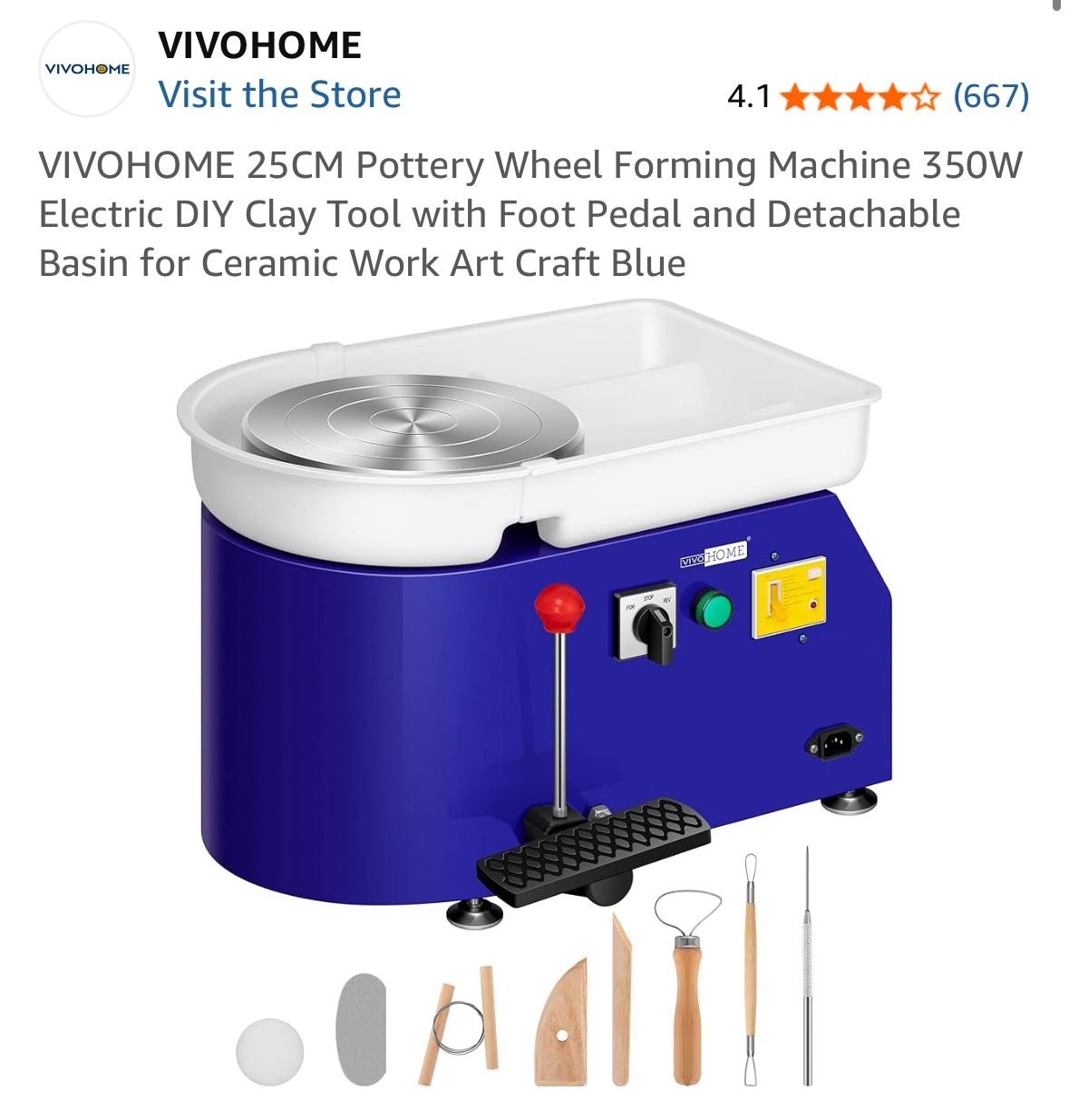 VIVOHOME 25CM Pottery Wheel Forming Machine 350W Electric DIY Clay Tool with Foot Pedal and Detachable Basin for Ceramic Work Art Craft Blue