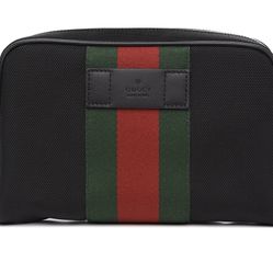 Gucci Techno Web Stripe Black Canvas Leather Trim Waist Belt Bag