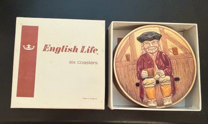 Vintage rare "English Life" six-coaster set featuring a traditional Toby character design, like new in an original box