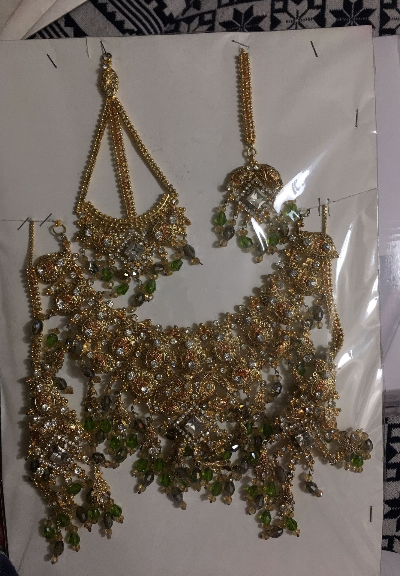 Indian bridal jewelry full set for Head set long earrings and full neck covering set. New golden, green and light grey color beats.Golden color with