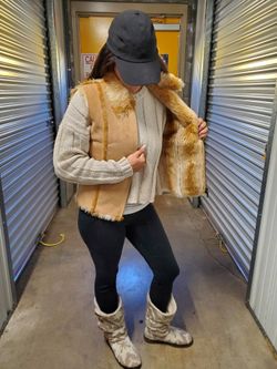 Vintage Camel Colored Suede And Faux Fur Vest