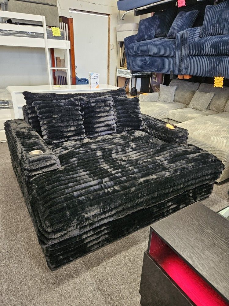 Brand New Oversize Chaise Black Corduroy W/ USB OUTLET $649