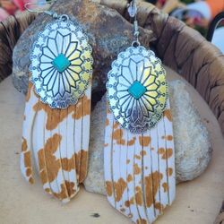 Western Silver Tone Leopard Print Concho Earrings