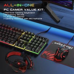 BlueFinger RGB Gaming Keyboard and Backlit Mouse and Headset Combo, USB Wired Backlit Keyboard, LED Gaming Mouse Set, Headset with Microphone for Lapt