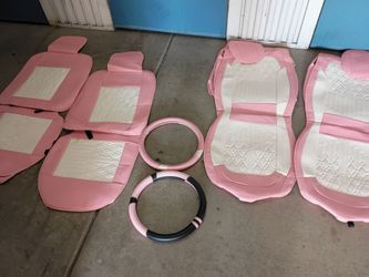 Pink and White Car Seat Cover Set with Steering Wheel Cover