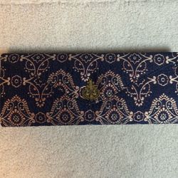 Navy Blue Brocade Clutch Wallet w/ Gold Tone Clasp & Zipper Pocket