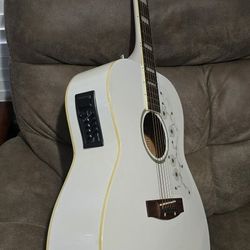 RARE white Mitchell MJ150 wh acoustic-electric guitar has a jumbo body style  for easy access to higher frets. It is equipped with a built-in preamp $