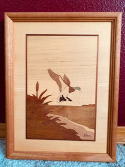 Hudson River Inlay Mallard Duck Picture Wood Marquetry by Nelson 10”X13” Frame Like New