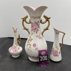 Vintage Lefton Pink  Heritage Rose Vase Sl6335 Hand Painted Double Gold Handles