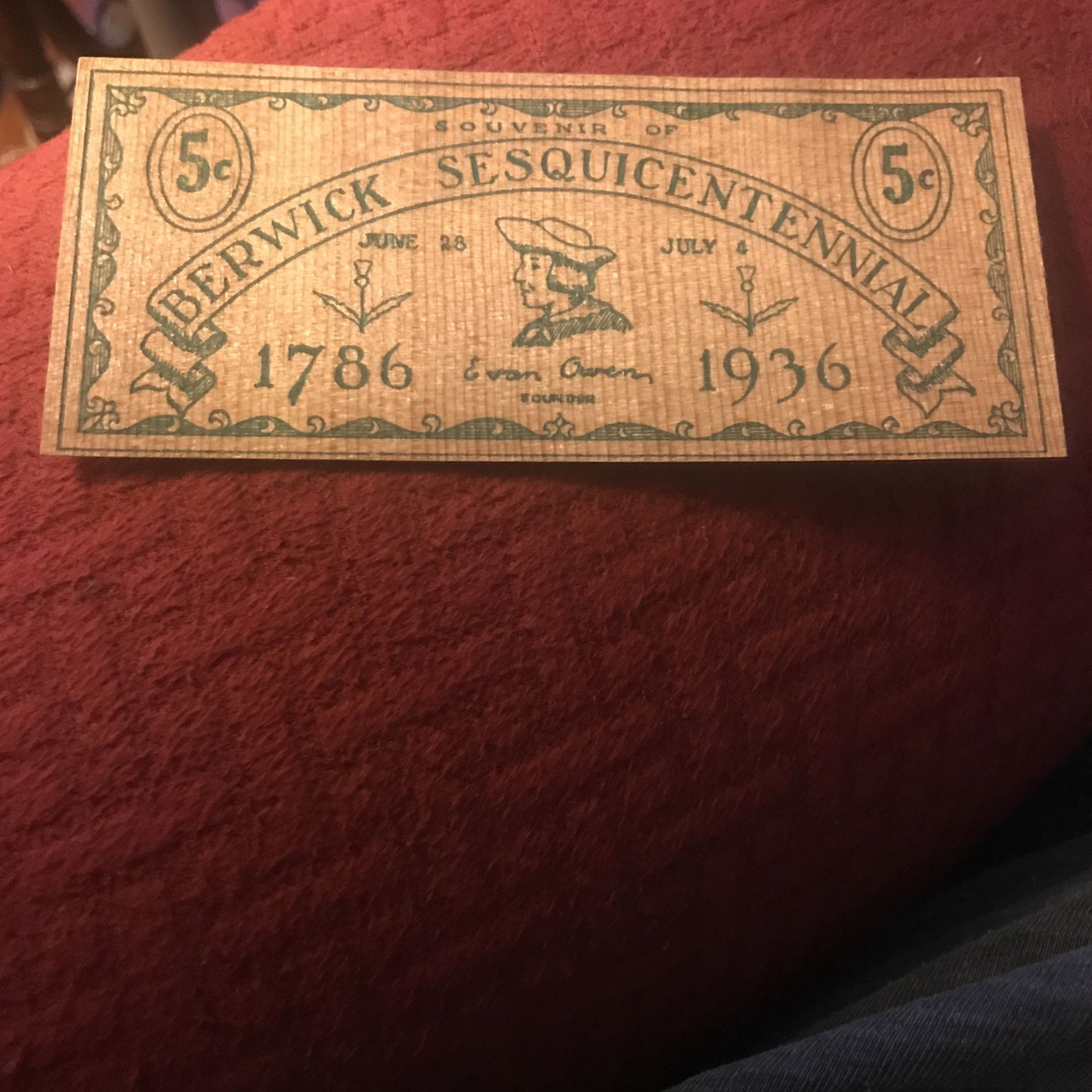 Vintage Berwick Sesquicentennial 5 Cent Cardboard Souvenir