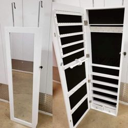 White Mirror Jewelry Cabinet Wall-Mount/Door-Hanging Armoire, Lockable Storage  Organizer