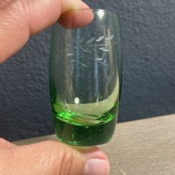 Green Etched Shot Glass Heavy Base Wheat Pattern Cordial Barware 2oz