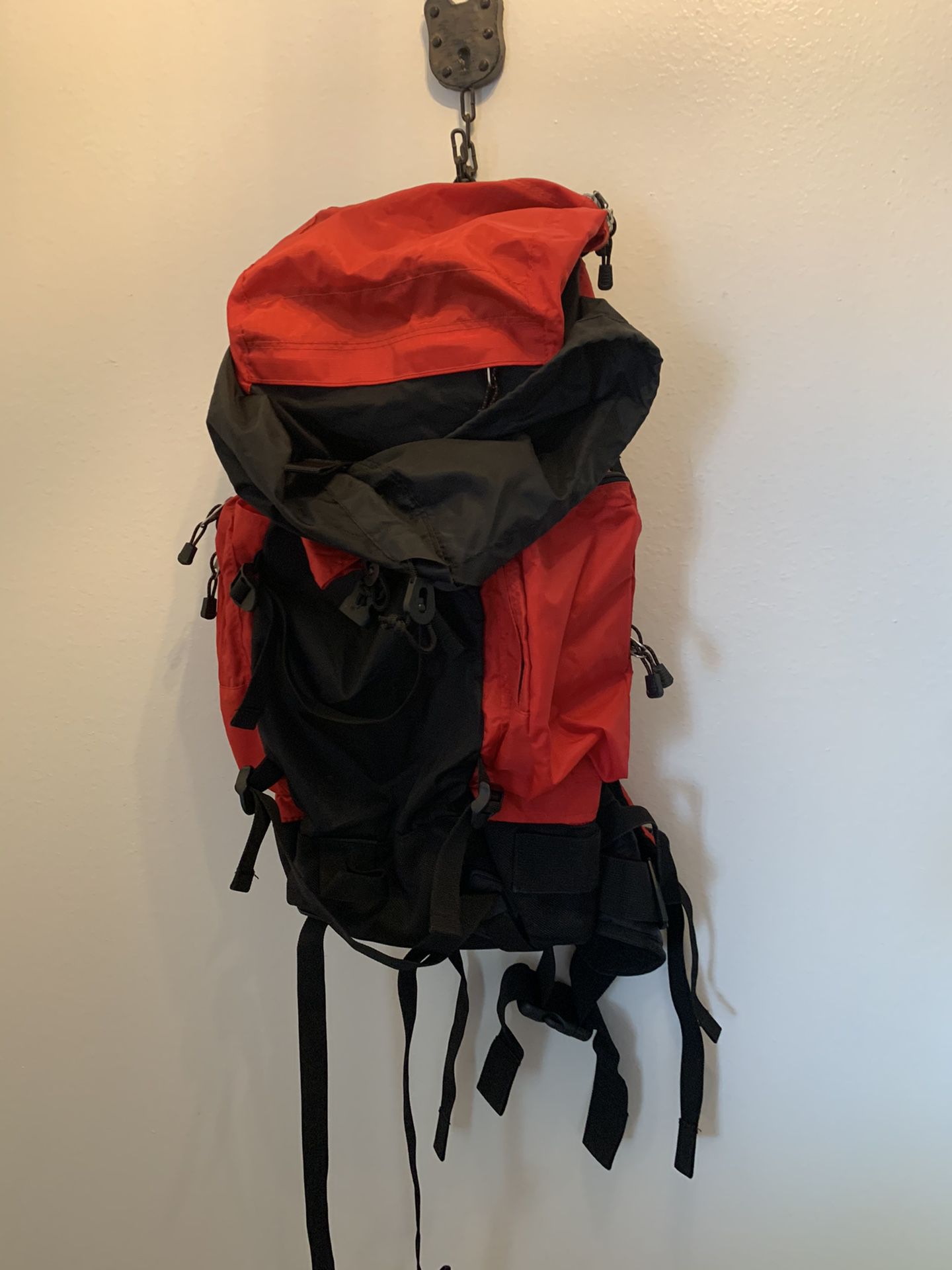 Large red and black backpack hiking light weight