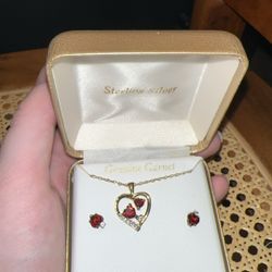 Genuine Garnet Necklace And Earrings 