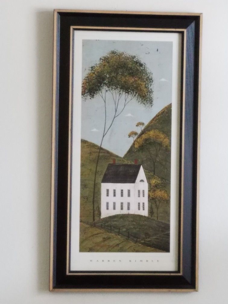 Warren Kimble American Folk Art framed print "House in Hills" in good condition.