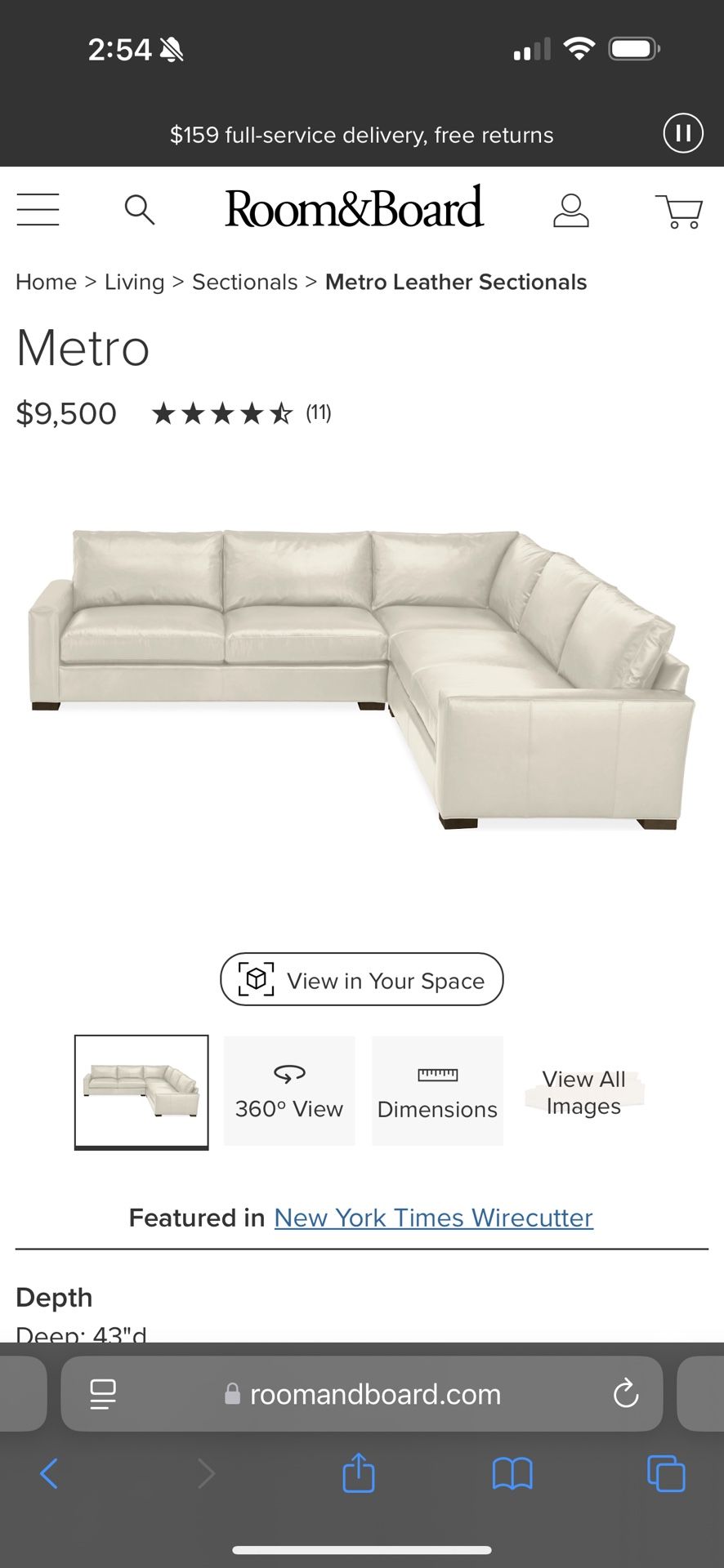 Room&Board Off White Leather Sectional For Sale!