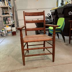 4 Antique Oak Armed Chairs w/ Cane Seat