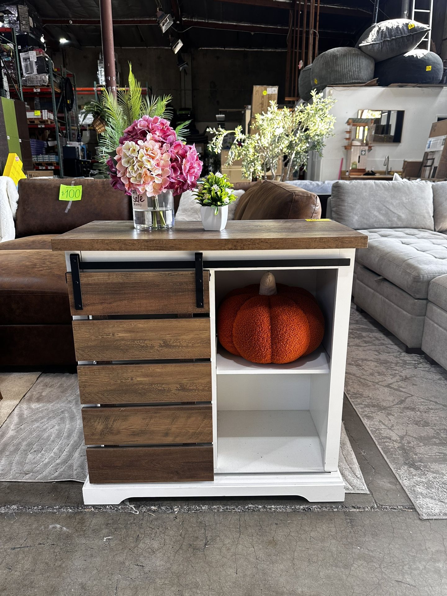Rustic Sliding Door Accent Cabinet with Shelves and Farmhouse Top