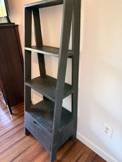 Dark Gray Wood Ladder Bookshelf with Drawer