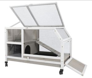 Indoor Rabbit Hutch - 36''L Outdoor Wooden Bunny Hutch with Wheels Rabbit Cage Guinea Pig Cages Removable Pull Out Tray