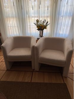 Studio McGee White Bouclé Barrel Side Chairs,  Accent Chairs