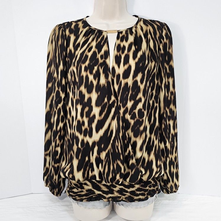 Michael Kors Leopard Print Chain Accent Blouson Top, Size Small