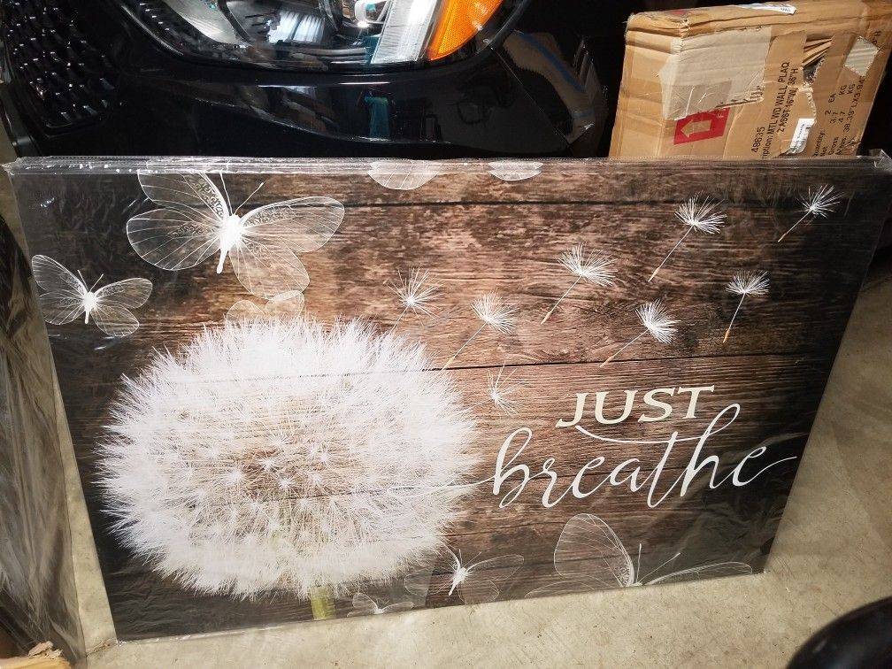 White Dandelion and Butterflies Just Breathe Quotes Poster Brown Rustic Wall Art Canvas Painting