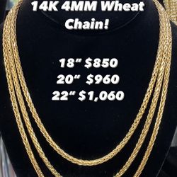 14K 4MM Wheat Chain Yellow Gold  Chain 