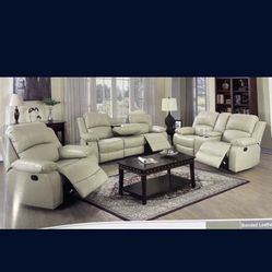 Cream Fully Reclining Leather Three Piece Couch Set 