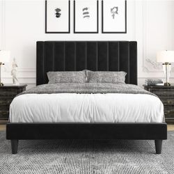 BED FRAME QUEEN BLACK VELVET 