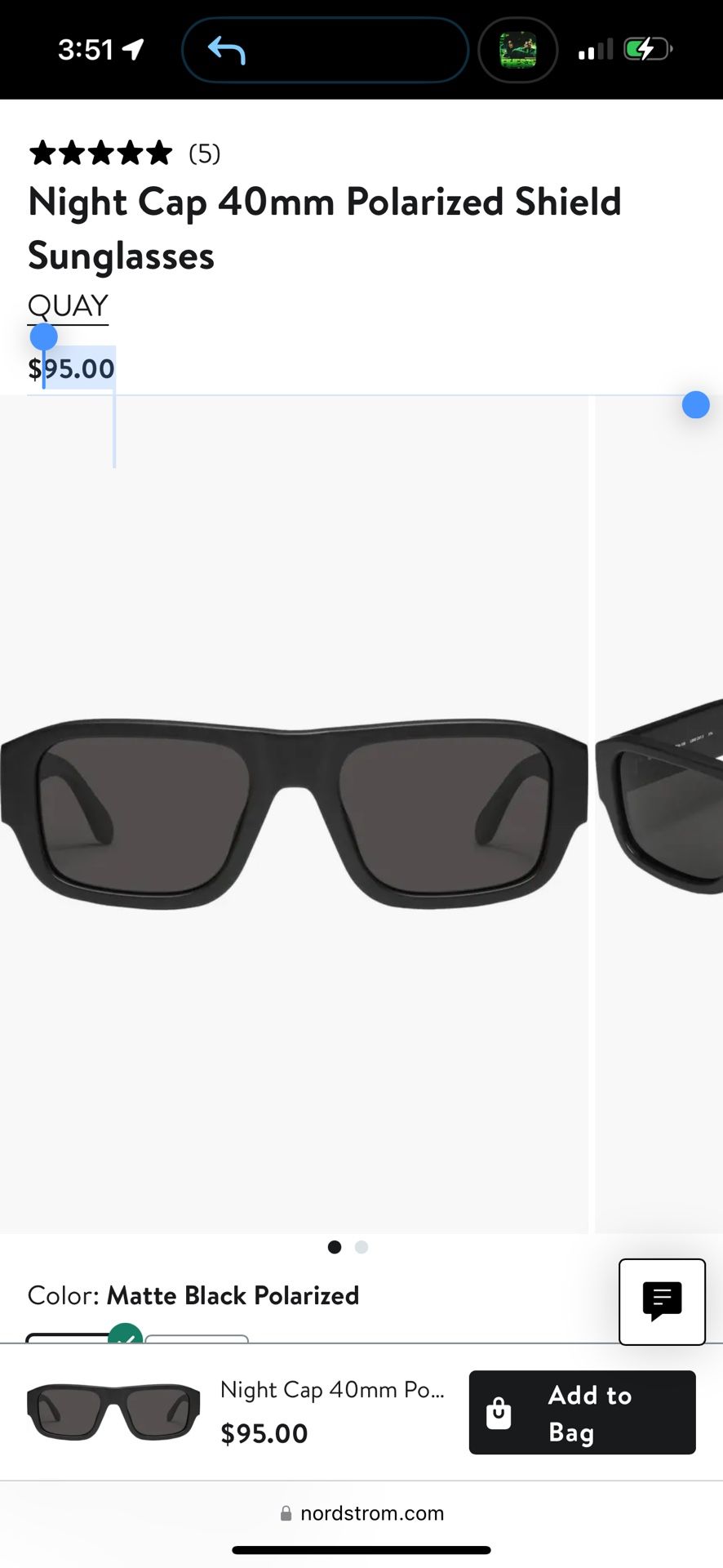 QUAY NIGHT CAP MATTE BLACK SUNGLASSES 75$