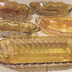 Set Of 5 Vintage Wisconsin Glass Company Oblong Dishes; 3 Amber And 2 Carnival