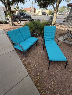Outdoor Patio Rocking Loveseat + Lounge Chair Set w/ Brand New Turquoise Cushions
