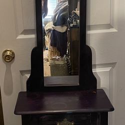 29 tall to table top and 65 tall to mirror top and 17.5 wide And 10 deep eggplant color adorable