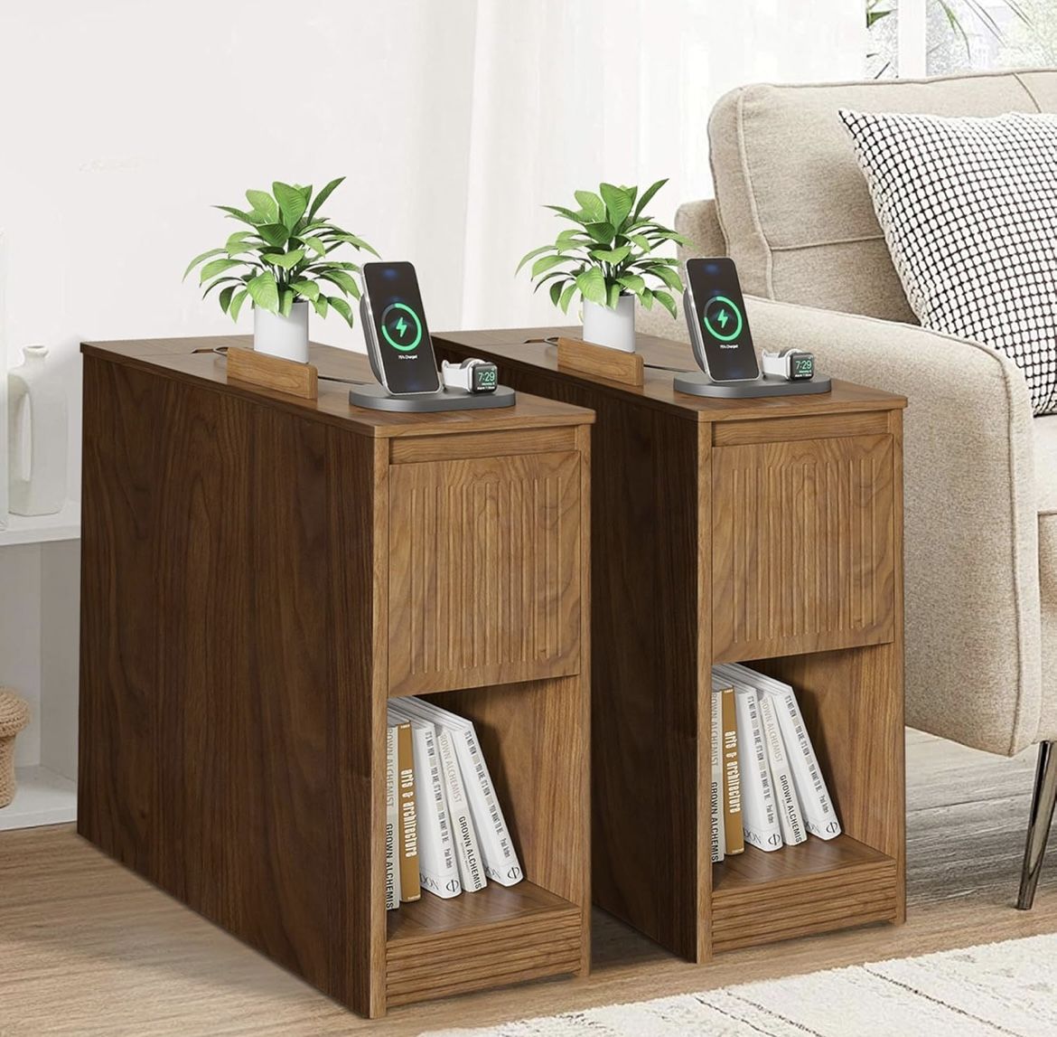 2pcs/End Table with Charging Station, Narrow Side Table with Storage, Drawer and Wheels, Flip Top Mid Century Modern Nightstand with USB Ports and Out