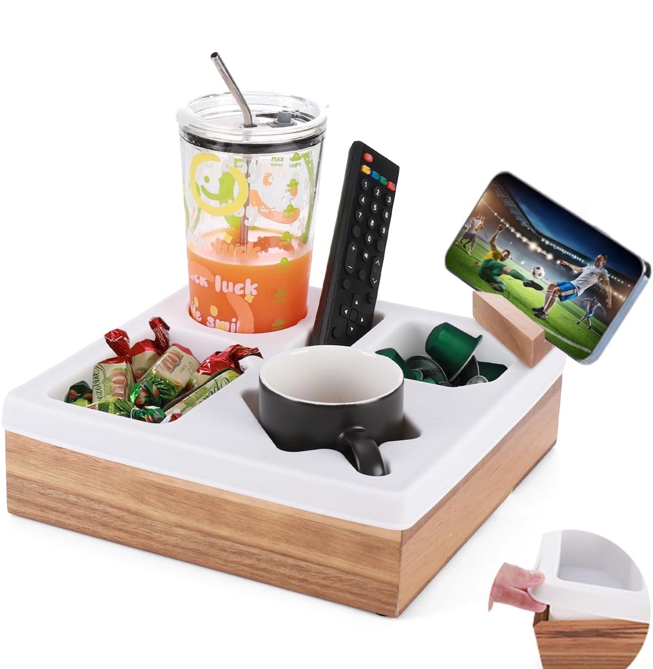 BRAND NEW Waterproof Silicone Wooden Couch Caddy with Cup Holder for Snacks, Drinks, Remotes