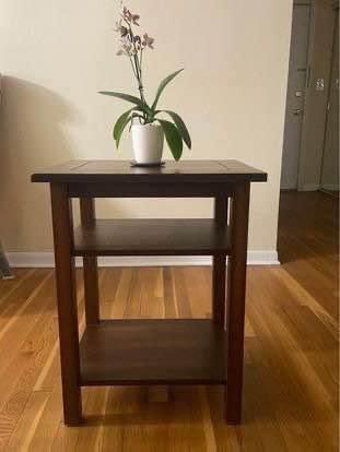 Wooden Table with two shelves, Cherry , good for office and house. Very good condition like new. High Quality Solid Wood, Width: 20.5” Height: 26” Dep