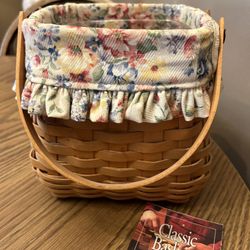 Vtg Longaberger 2002 Double Swing Handled Tiny Tote Classic Basket  Basket liner and plastic protector