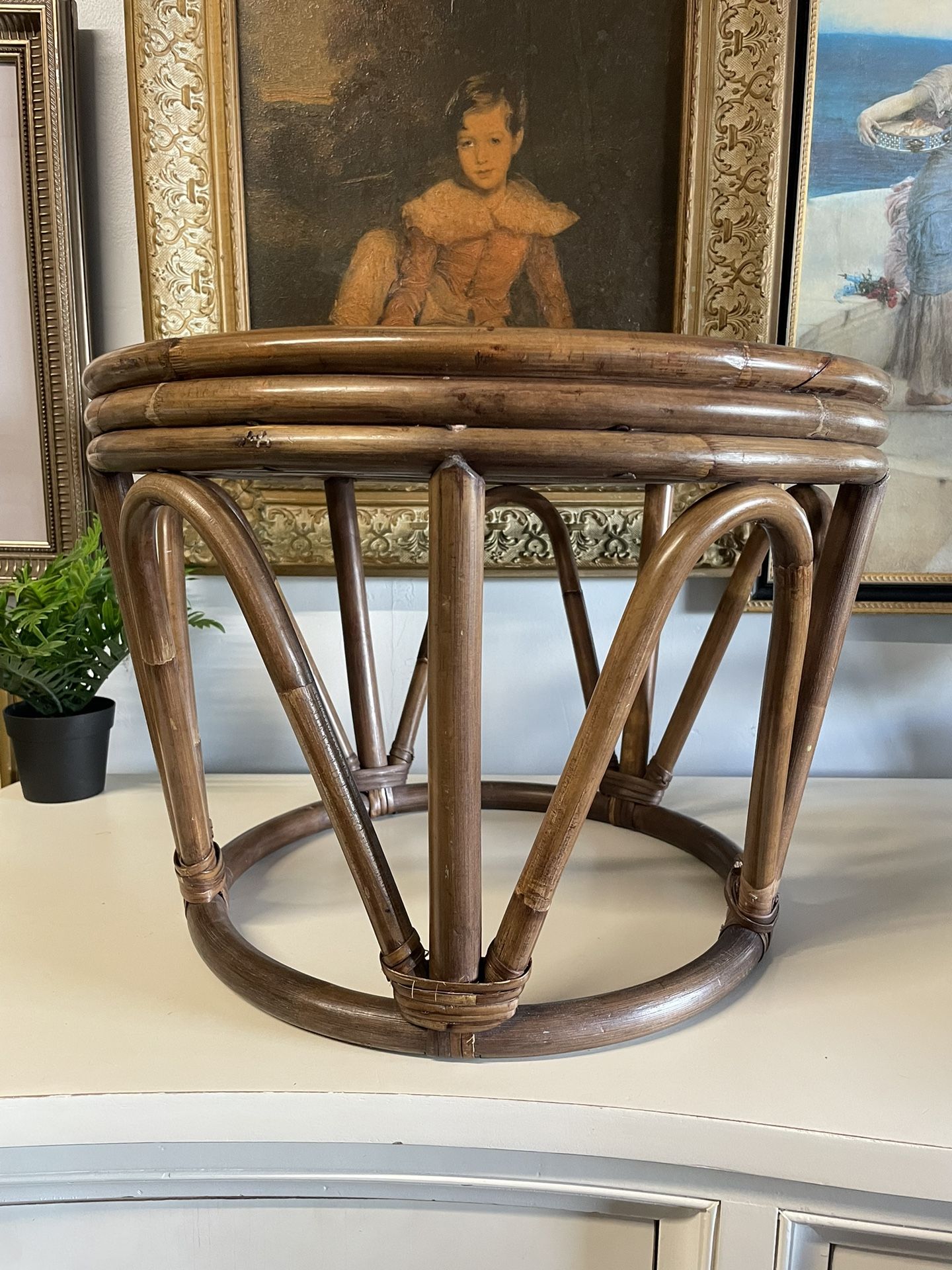 1970s Vintage Mid Century Bamboo Bentwood Rattan Stool Shabby Boho Decor