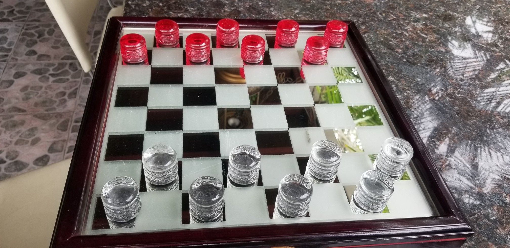 Collectible IN N OUT burger glass peices wooden box chess game